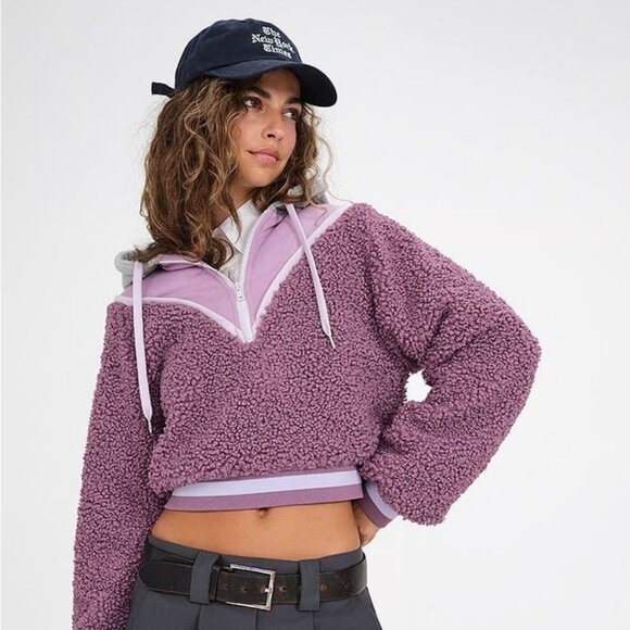 For Love & Lemons Tops - For Love & Lemons Purple Cropped Sherpa Half-Zip Hoodie XXS FA22 AT0035